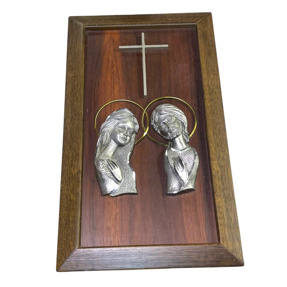 Vintage Italy Pewter Jesus Mary Wood Wall Plaque Catholic Religious Decor